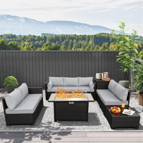 Rattaner Juego de muebles de patio de 6 piezas, mesa de fuego para exteriores, fogata de gas de 45 pulgadas con caja de almacenamiento al aire Gris