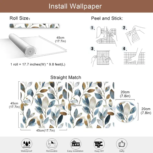 Miniatura 7 de Papel tapiz de hojas doradas, despegar y pegar, moderno, papel tapiz de hojas azules, grises y doradas, papel de contacto, autoadhesivo, extraíble