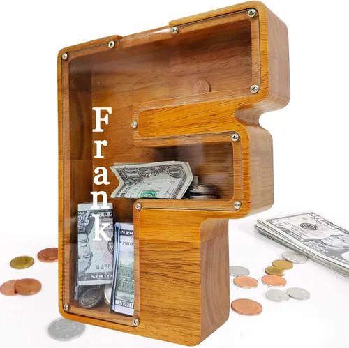 Miniatura 55 de Alcancía para niños y niñas, alcancía grande de madera personalizada con diseño recortado, bancos de monedas con letras del alfabeto, caja de ahorro