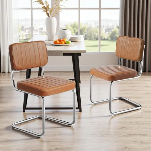 Miniatura 13 de CangLong Juego de 2 sillas de comedor de terciopelo, sillas de comedor de ratán con patas de metal y respaldo de ratán de malla natural, sillas