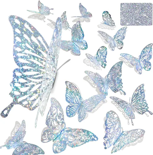 Miniatura 15 de 60 calcomanías de pared de mariposa plateada iridiscente 3D, calcomanías holográficas con 5 estilos murales de papel decorativo para guardería, aula