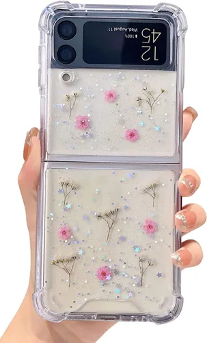 Miniatura 27 de Abbery Funda transparente para Samsung Galaxy Z Flip 3 5G, transparente y con diseño de purpurina bonita con purpurina floral prensada de Rosa