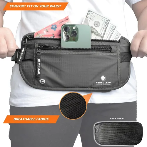 Miniatura 5 de HERCULEAN - Cinturón de viaje para dinero, delgado soporte para pasaporte, bolsa de viaje con bloqueo RFID para proteger el efectivo, tarjetas