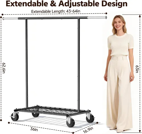 Miniatura 7 de Perchero resistente – Carga de 500 libras, perchero con ruedas y estantes con cerradura, estante extensible para dormitorio, lavandería, sala
