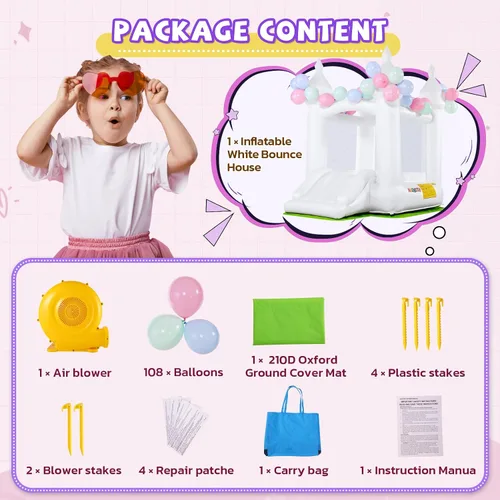 Miniatura 7 de Casa de rebote inflable blanca para niños, castillo hinchable para niños de 3 a 10 años, casa de rebote para niños pequeños con alfombrilla