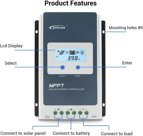 Miniatura 2 de EPEVER Controlador de carga solar 10A MPPT 12V/24V Auto Max.PV 100V Entrada Negativa Panel Solar Regulador de carga con MT50 Medidor remoto Sensor