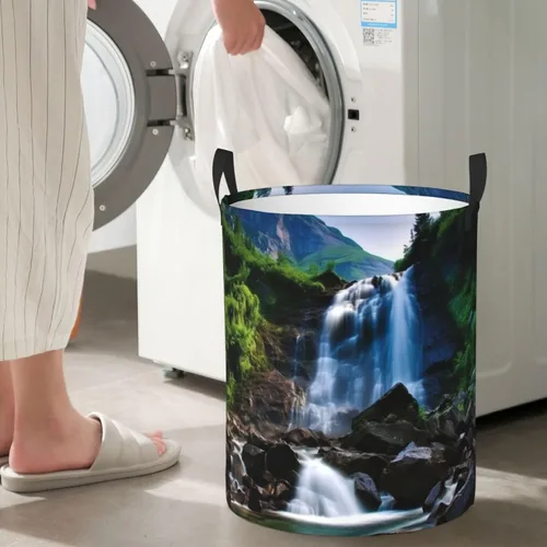 Miniatura 7 de Scenic mountain waterfall print Circular Hamper Waterproof Storage Bin Organizer Basket Laundry Hamper With Handles For Clothes Toys Small
