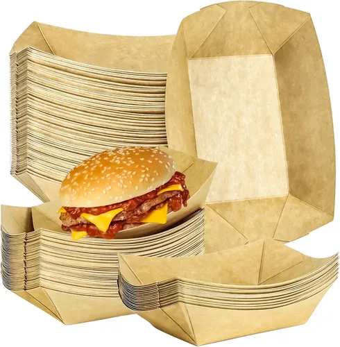 Paquete de 80 bandejas de papel desechables de 2 libras para botes de papel, bandeja de servir comida kraft, platos para aperitivos, palomitas de