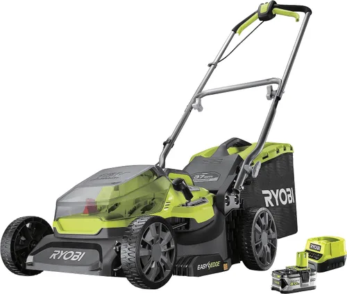 RYOBI One+ RY18LMX37A-150 Cortacésped inalámbrico sin escobillas 18V – Ancho 14.6 in, 1 x 5.0Ah batería + cargador, mulching o pickup, bandeja