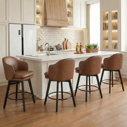 Miniatura 43 de Taburetes de Bar de Altura de Mostrador de 26 pulgadas Tapizados Giratorios con Respaldo y Patas de Madera para Isla de Cocina, Juego de 2, Tela