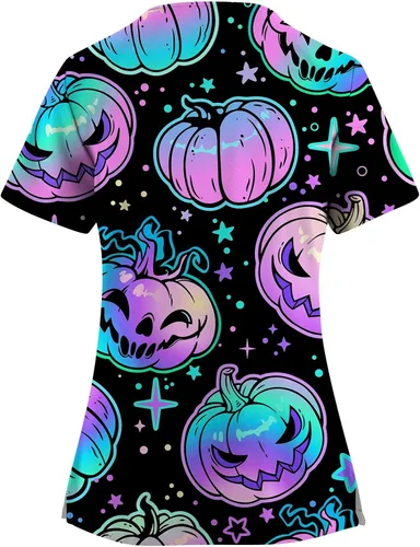 Miniatura 2 de HTHLVMD Uniformes de trabajo con bolsillos para mujer, talla grande, con cuello en V, manga corta, estampado de Halloween
