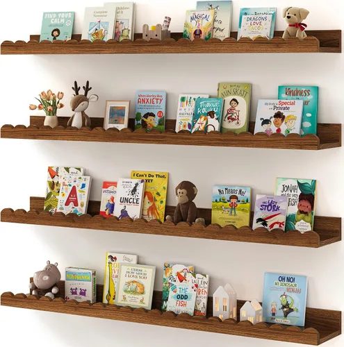 Miniatura 10 de Shario Estantes para libros de guardería, paquete de 4 estantes flotantes para pared de niños, estantes festoneados, estantes de pared