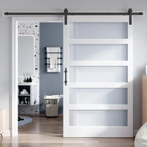 Miniatura 13 de Losa para puerta corrediza de granero de vidrio de 28 x 84 pulgadas y kit de herrajes de 5 pies incluido, 5 vidrios esmerilados, panel de madera LVL