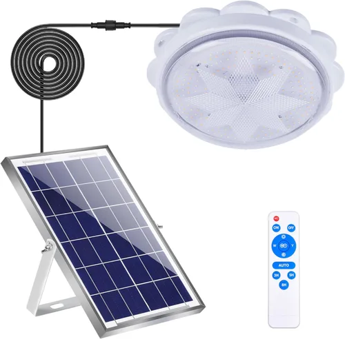 MEIHONG Lámpara solar de techo, luz de techo de porche con control remoto, luces solares regulables con temporizador, luces de glorieta con sensor