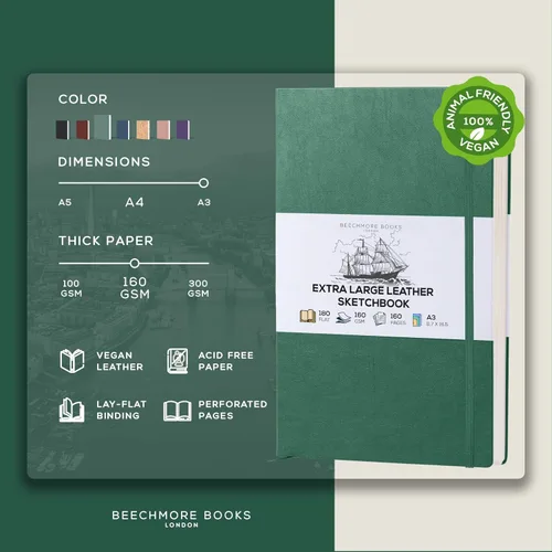 Miniatura 2 de Beechmore Books Cuaderno de bocetos A3 – 11.7x16.5 pulgadas de cuero vegano premium encuadernado, libro de bocetos grande de tapa dura con 160