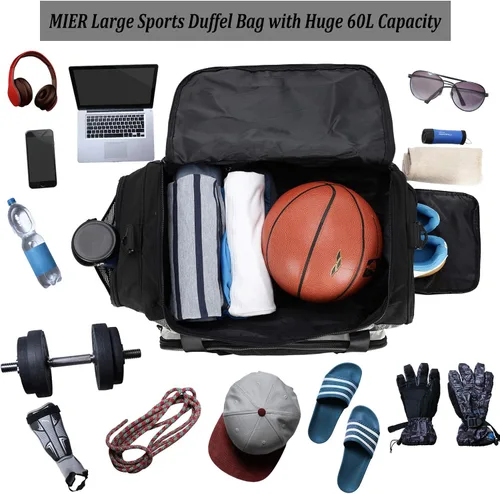 Miniatura 2 de MIER Bolsa de lona grande para hombre, bolsa de gimnasio con compartimento para zapatos, 60L
