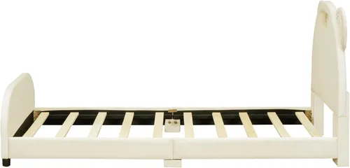 Miniatura 5 de Cama de plataforma tapizada de tamaño individual con cabecero en forma de oso y rayas de luz incrustadas, bonito marco de cama de plataforma