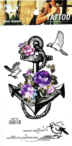 Miniatura 2 de Tatuajes de 2 hojas de hermosas flores de rosa morada, ancla de paloma, tatuajes temporales, calcomanías de tatuajes falsos para cuerpo, brazo