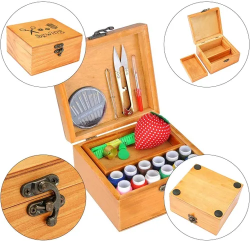 Miniatura 6 de Kit de costura, caja de madera para adultos, cesta de costura de madera con accesorios, kit de reparación de costura para principiantes, mujeres