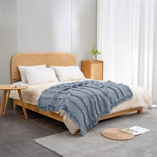 Miniatura 5 de Manta de tiro acolchada ultra suave prelavada, manta decorativa de tiro azul oscuro con volantes y flecos, manta rústica elegante lavada a la piedra