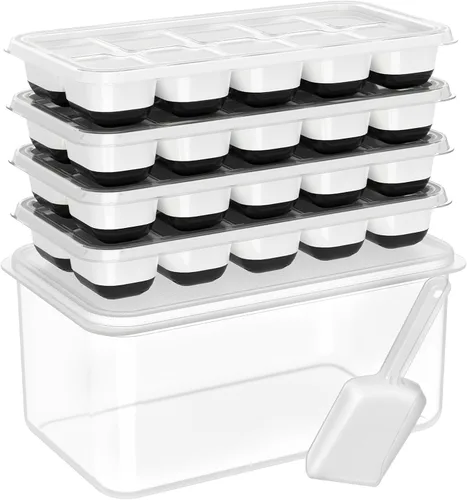Miniatura 12 de DOQAUS Bandeja para cubitos de hielo con tapa y contenedor - Paquete de 4 bandejas de cubitos de hielo de silicona para congelador, kits de cubeta