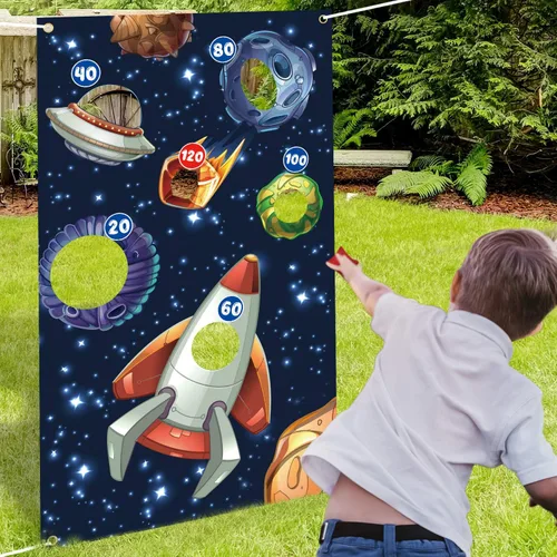 Cartel de juegos de lanzamiento del espacio exterior, telón de fondo para interiores o exteriores, temática de galaxia, suministros de decoración