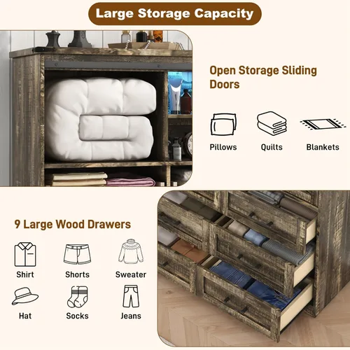 Miniatura 5 de Cómoda para dormitorio con 9 cajones, cómoda de madera de 43 pulgadas de alto con puertas corredizas de granero, luces LED, soporte de TV moderno