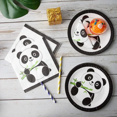 Miniatura 7 de 66 piezas de suministros de fiesta de panda, juego de vajilla desechable con platos, vasos, servilletas, pajitas, mantel para niños, baby shower