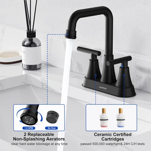 Miniatura 5 de Grifo de Lavabo de Baño Negro Mate, Hurran Grifos de Baño de 4 Pulgadas para Lavabo de 3 Orificios con Desagüe Pop-up y Líneas de Suministro, Grifo