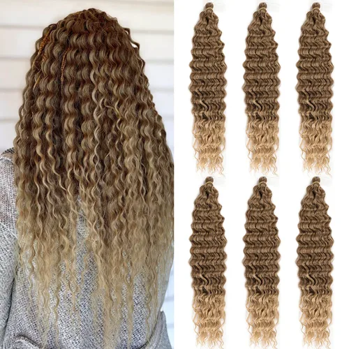 Miniatura 26 de MAYSA Extensiones de cabello sintético de ganchillo con ondas oceánicas, color 4 marrón, 22 pulgadas, rizado trenzado, extensiones de cabello