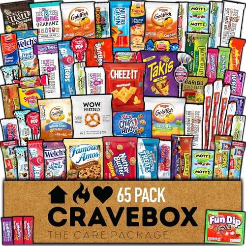 CRAVEBOX Caja de aperitivos, paquete variado de cuidado (65 unidades) cesta de regalo para el día del padre, adultos, niños, nietos, chicos, niñas,