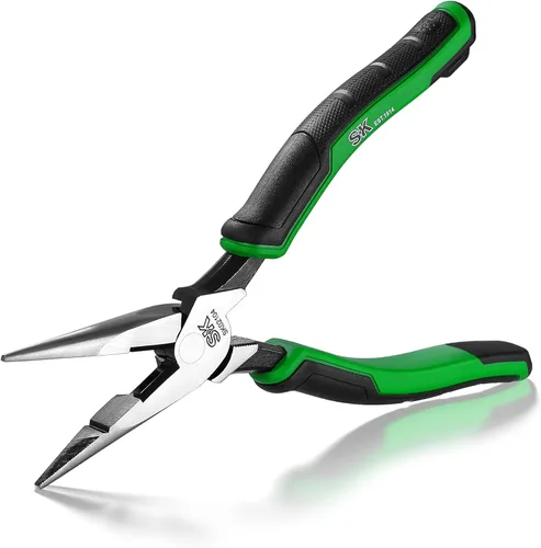 SK Alicates de punta larga de 8 pulgadas, alicates de punta de aguja, acero de alto carbono, mango ergonómico antideslizante para un agarre cómodo
