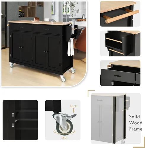 Miniatura 3 de Merax Carrito móvil de isla de cocina con tapa de madera y ruedas de bloqueo, armarios de 4 puertas y 2 cajones, estante para especias y toallas