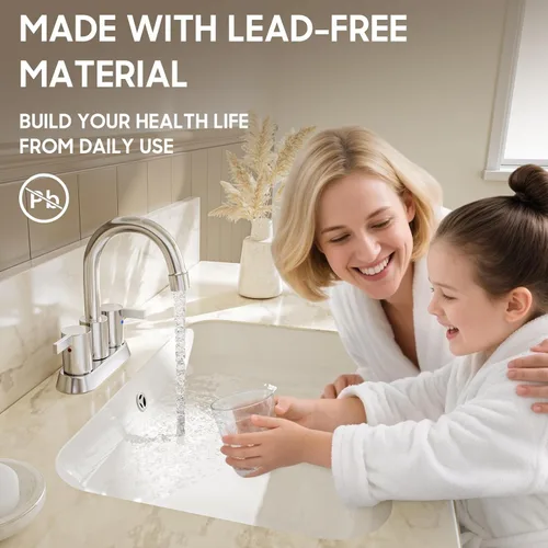 Miniatura 5 de Phiestina Grifo de Baño de 4 Pulgadas Centerset 2 o 3 Agujeros 2 Manijas Cromado Sin Plomo, Caño Giratorio con Desagüe Emergente de Cobre y 2 Líneas