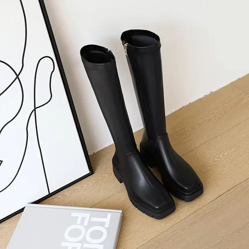 Miniatura 3 de vivianly Women's Chunky Heel Knee high Boots Zipper Square Toe Platform Booties