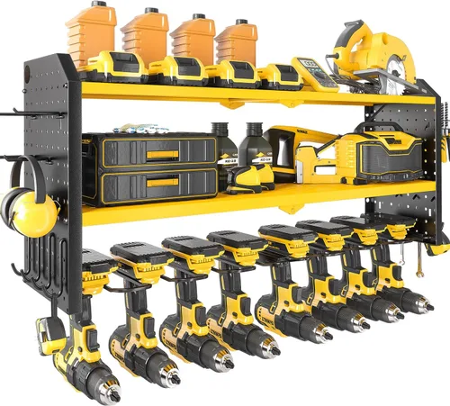 Miniatura 7 de KAFAHOM Organizador de herramientas eléctricas, soporte de pared grande para 8 taladros con 2 tableros de clavijas laterales, estante de Verde