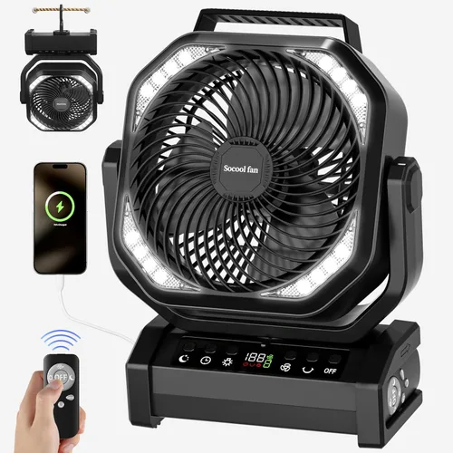 Ventilador de camping Socool con luz, ventilador con batería recargable de 20,000 mAh con control remoto, 112 horas y 8 velocidades, pantalla