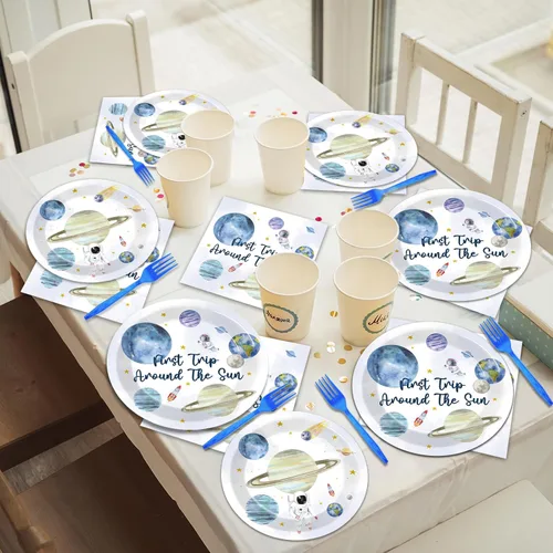 Miniatura 7 de Decoraciones para fiesta de cumpleaños de Primer viaje alrededor del sol, 96 piezas, temática espacio exterior, platos de papel, servilletas