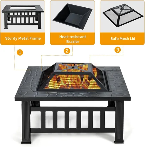 Miniatura 6 de Tangkula Chimenea 3 en 1 para exteriores, chimenea cuadrada de acero de 32 pulgadas con pantalla de chispa, rejilla de troncos, parrilla