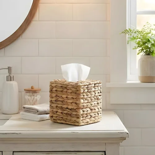 Miniatura 2 de Funda cuadrada de mimbre para caja de pañuelos, cajas de pañuelos faciales, caja de servilletas tejida a mano para baño, dormitorio, oficina, mesa