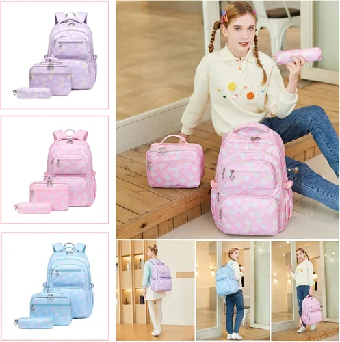 Miniatura 7 de Juego de 3 mochilas para niñas con bolsa de almuerzo a juego, mochila escolar para niñas