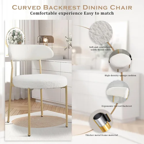 Miniatura 5 de Modern Boucle - Juego de 2 sillas de comedor con respaldo redondo tapizado de lana de cordero y patas de metal para comedor, cocina, restaurante