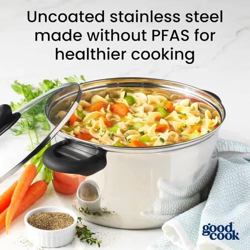 Miniatura 4 de GoodCook Horno holandés clásico de acero inoxidable de 5 cuartos de galón con tapa de vidrio templado, color plateado