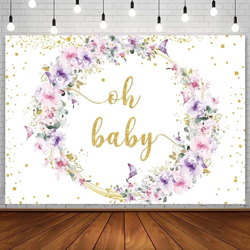 AIBIIN Telón de fondo de mariposa de 7 x 5 pies para baby shower, decoración de fiesta de baby shower, color morado, rosa, floral, dorado, con