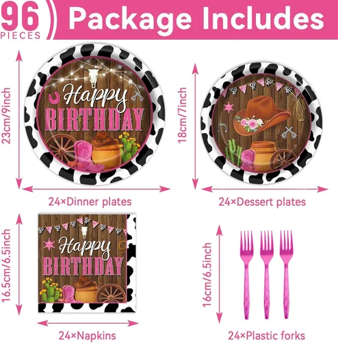 Miniatura 2 de 96 piezas de decoraciones de vaquera, suministros de fiesta, platos de papel con estampado de vaca, platos y servilletas desechables occidentales
