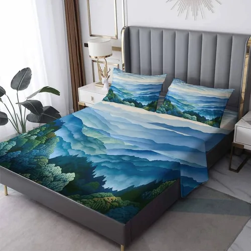 Miniatura 11 de Misty Mountain Sábanas tamaño California King, sábanas de cama de bosque, microfibra suave y bolsillo profundo, sábanas y fundas de almohada Montaña