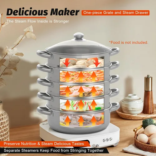 Miniatura 4 de Vaporizador de acero inoxidable para cocinar, juego de ollas al vapor de alimentos con tapa de vidrio y asa para albóndigas al vapor, tamales