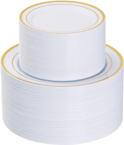 Miniatura 23 de Goodluck 120 platos de plástico dorados, platos desechables con purpurina dorada, 60 platos llanos de 10.25 pulgadas, 60 platos desechables