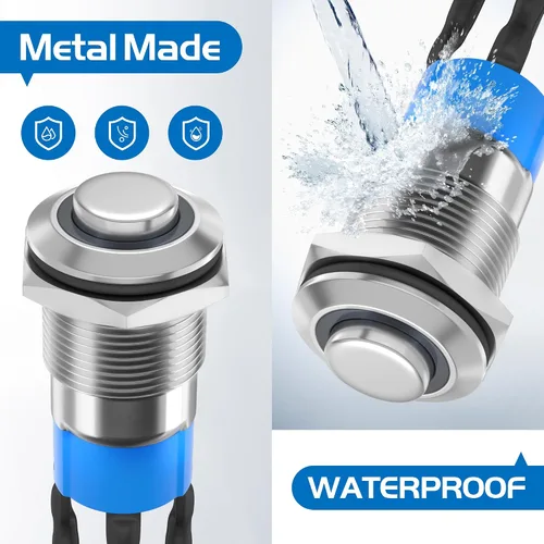 Miniatura 5 de Interruptor de botón de enganche DaierTek de 12 mm, interruptor de botón de 12 V, carcasa plateada, luz LED azul iluminada, interruptor impermeable