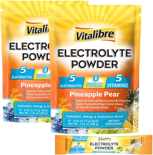 Vitalibre Paquetes de electrolitos en polvo | Magnesio, potasio, sodio, vitamina C | para una hidratación rápida | Cero azúcar y Keto | 32 paquetes